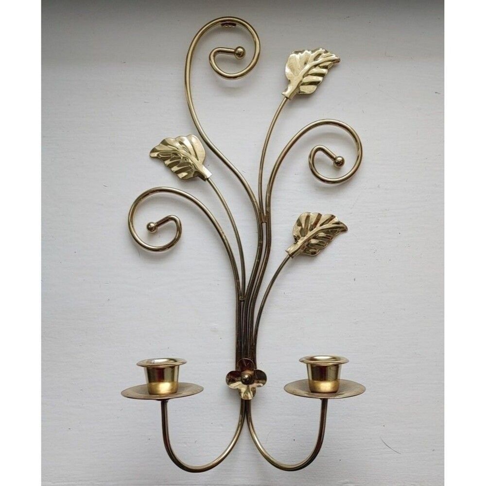 Vintage Home Interiors Goldtone Leaves Scrolls Double Candle Wall Sconce